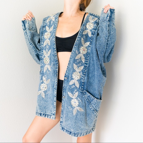 Vintage Jackets & Blazers - Vintage 80s Acid Wash Denim Jean Jacket Sequined
